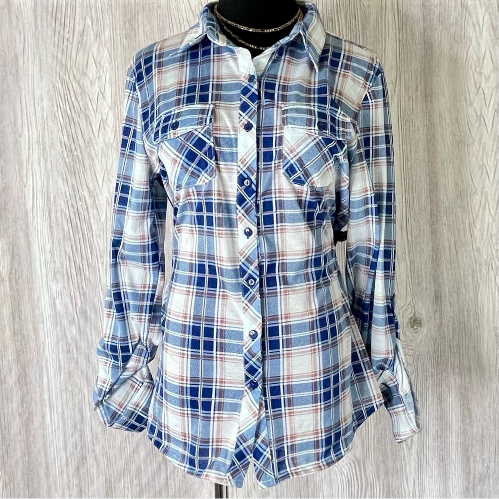 Urban Girl Plaid Long Sleeve Button Down Shirt - Blue/White/Red - Size XL